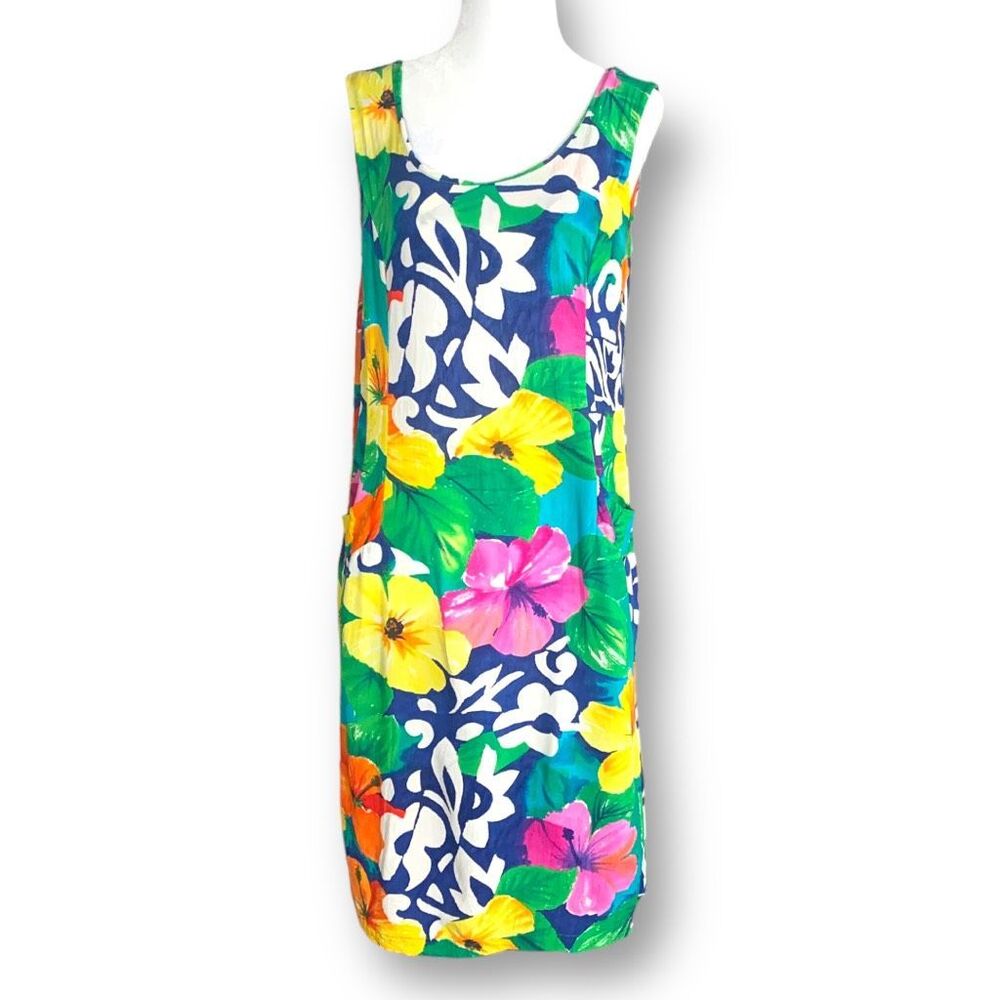 Vintage 90s‎ Jams World Floral Sleeveless Dress Blue Pink Hibiscus Floral Print